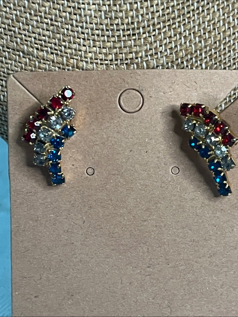 Tricolor Crystal Ear Climbers - Red, Blue & Clear clip-ons